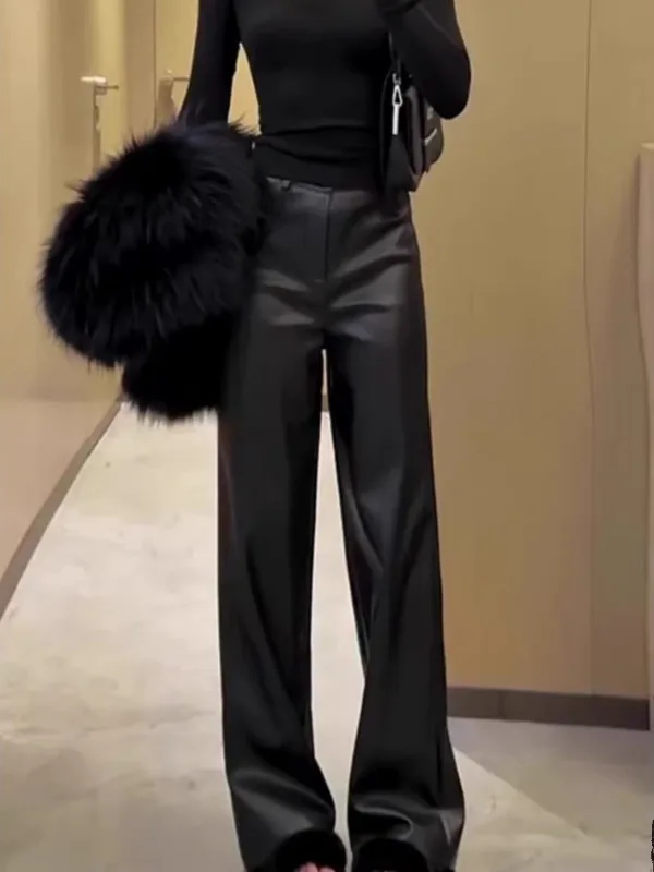 

High Waist Straight Leg Bla Leather Pants plus Size Women's Faionable Slimming Korean Sle Autumn Winter Long Trousers