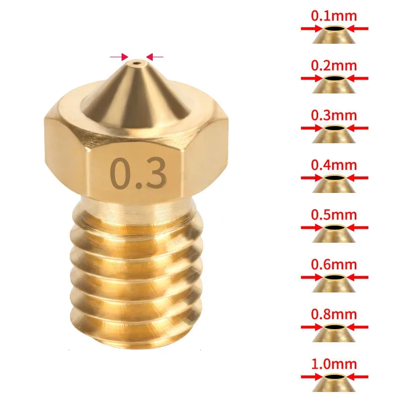 10/20/50/100Pcs Brass Nozzle 0.1 0.2 0.3 0.4 0.5 0.6 0.8 1.0 1.2mm Printer Part M6 Thread All Metal Nozzle For 1.75mm 3mm Filame