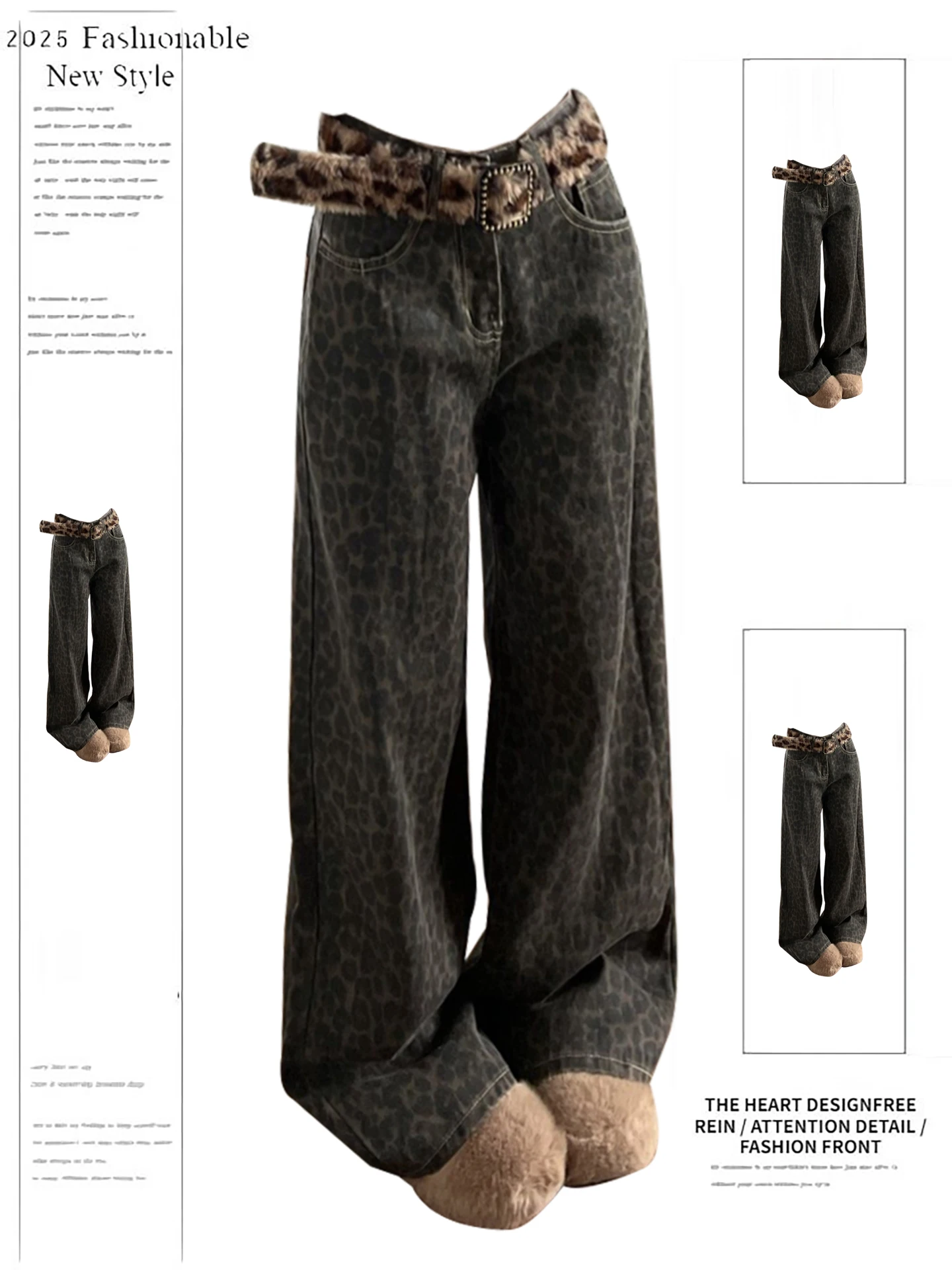 

Американские широкие джинсы с высокой талией и леопардовым принтом, женские свободные прямые повседневные брюки, осенне-зимние длинные брюки