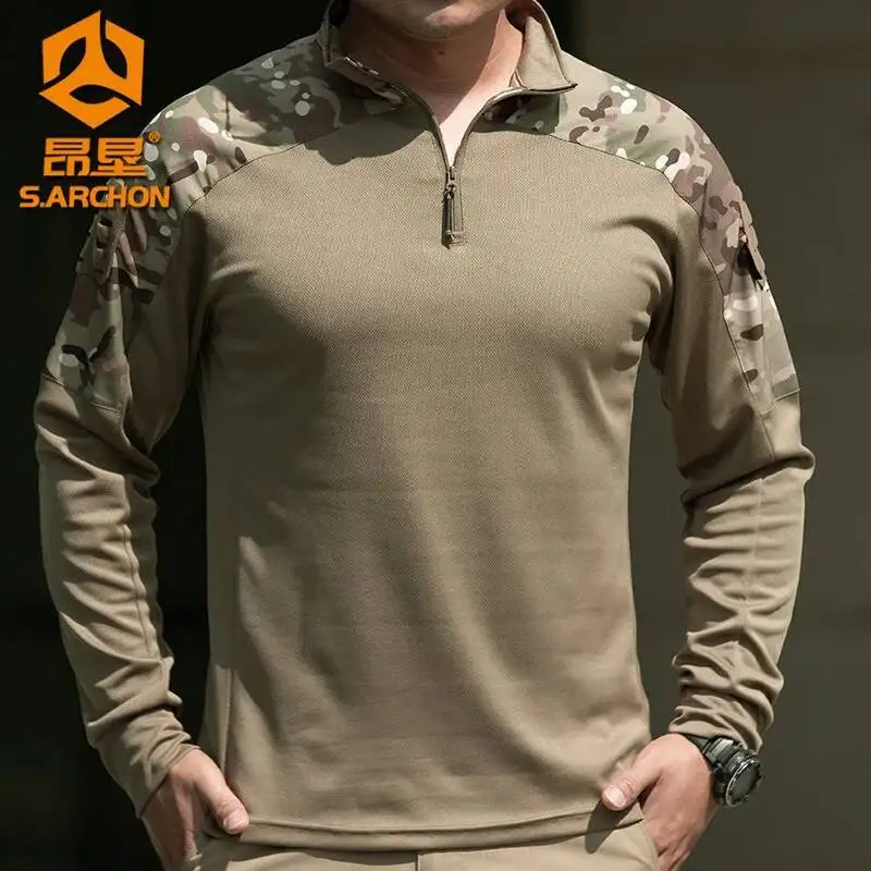 

Men Long Sleeve Tactical Outdoor Combat Training Camouflage Uniform Gym Sport Clothes Tops Stretch Sweatshirt Hiking Shirt