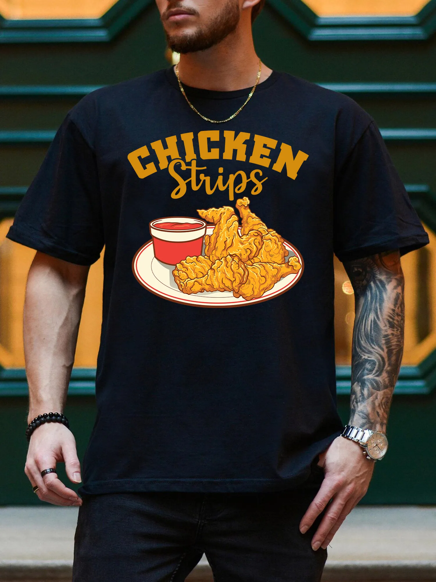 تي شيرت برسومات Chicken Strips للرجال، تي شيرت أسود من القطن الخالص للاستخدام اليومي، تي شيرت خفيف الوزن برقبة دائرية