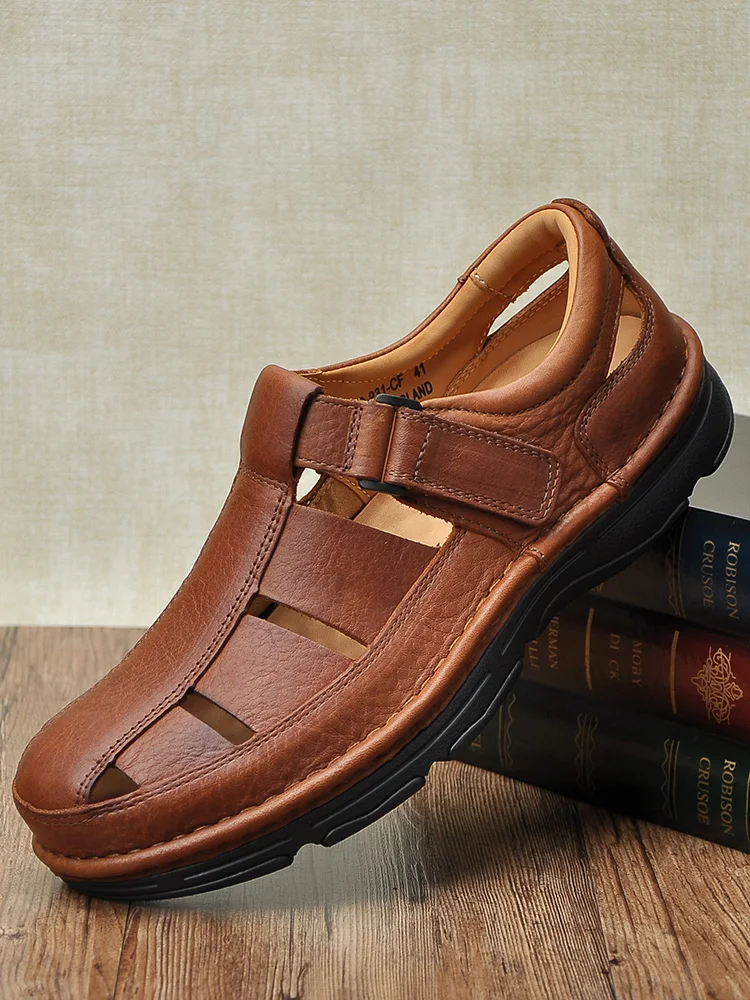 

Мужские кожаные сандалии ручной работы с дышащим перфорированным дизайном, удобные повседневные туфли на тонкой подошве, обновленные летние кожаные кроссовки