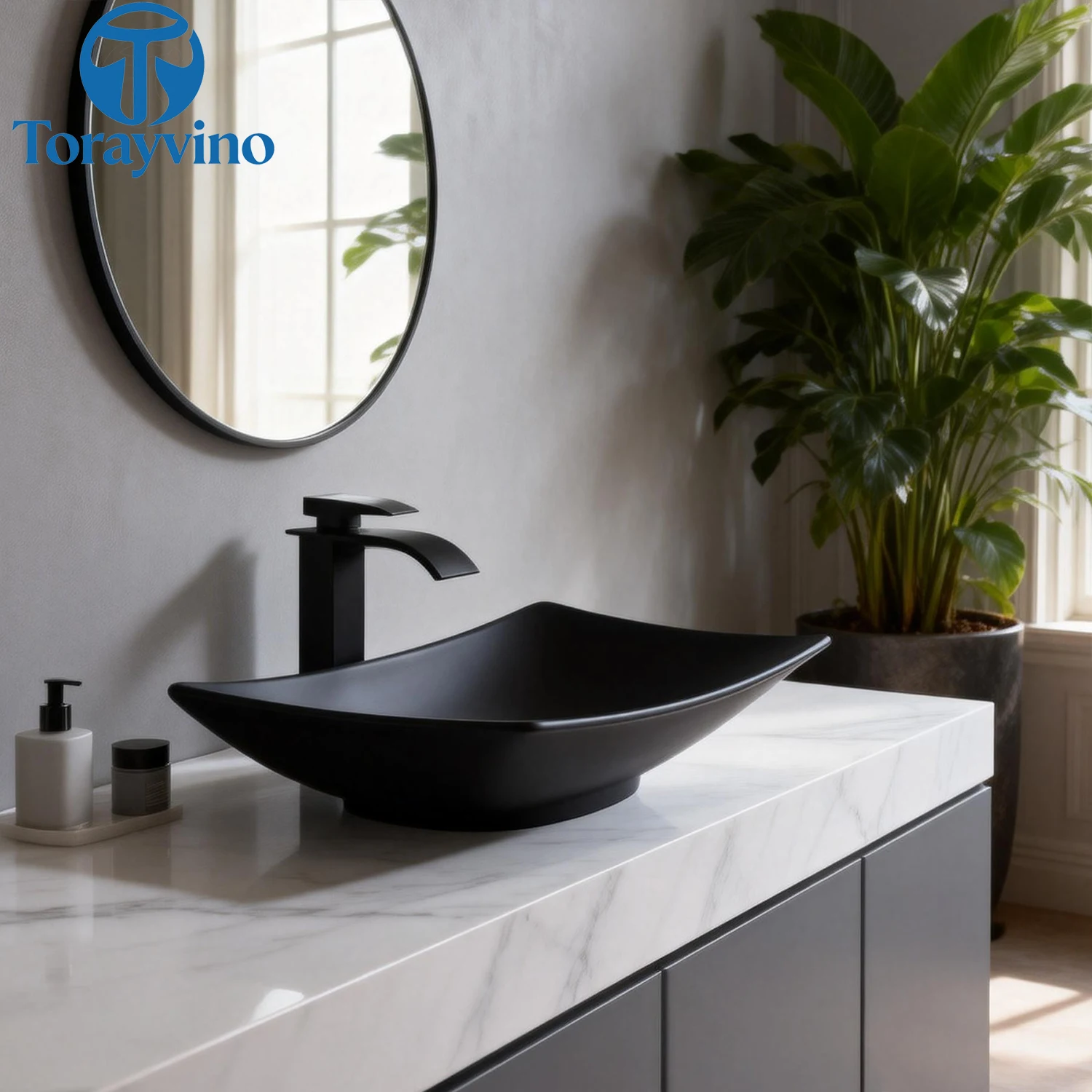 Torayvino Bathroom Basin Sink Set with Matte Black Faucet Pop Up Drain Hot and Cold Waterfall Mode Mixer Faucets Sink Taps