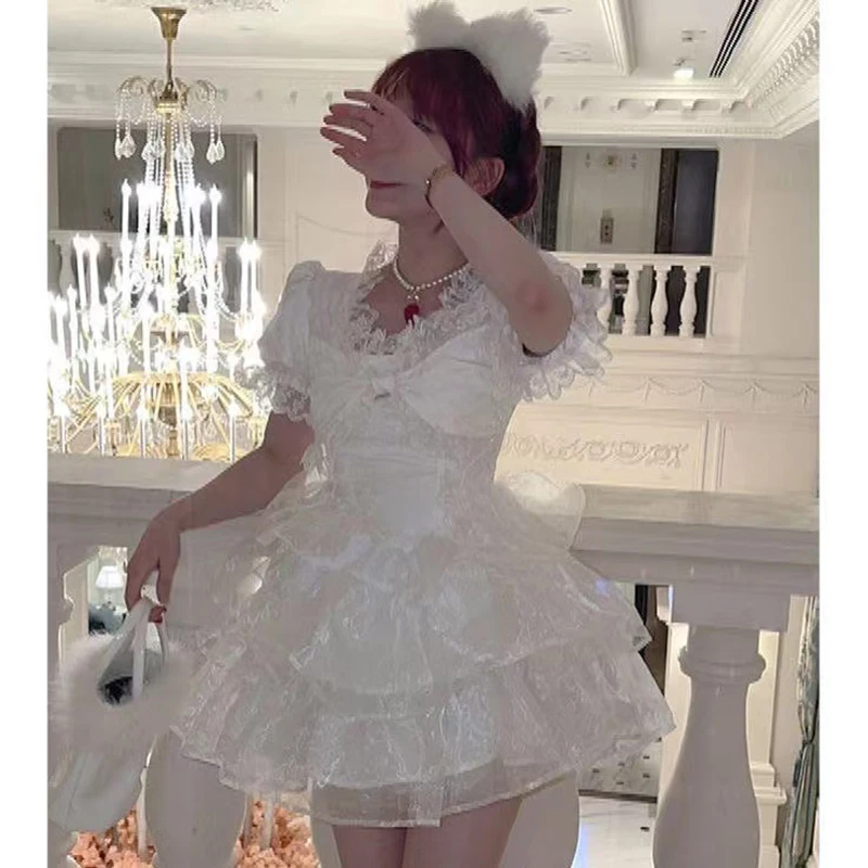 Lolita White Dress Goth Aesthetic Puff Sleeve High Waist Vintage Bandage Lace Trim Party Gothic Clothes Summer Dress Woman 2023