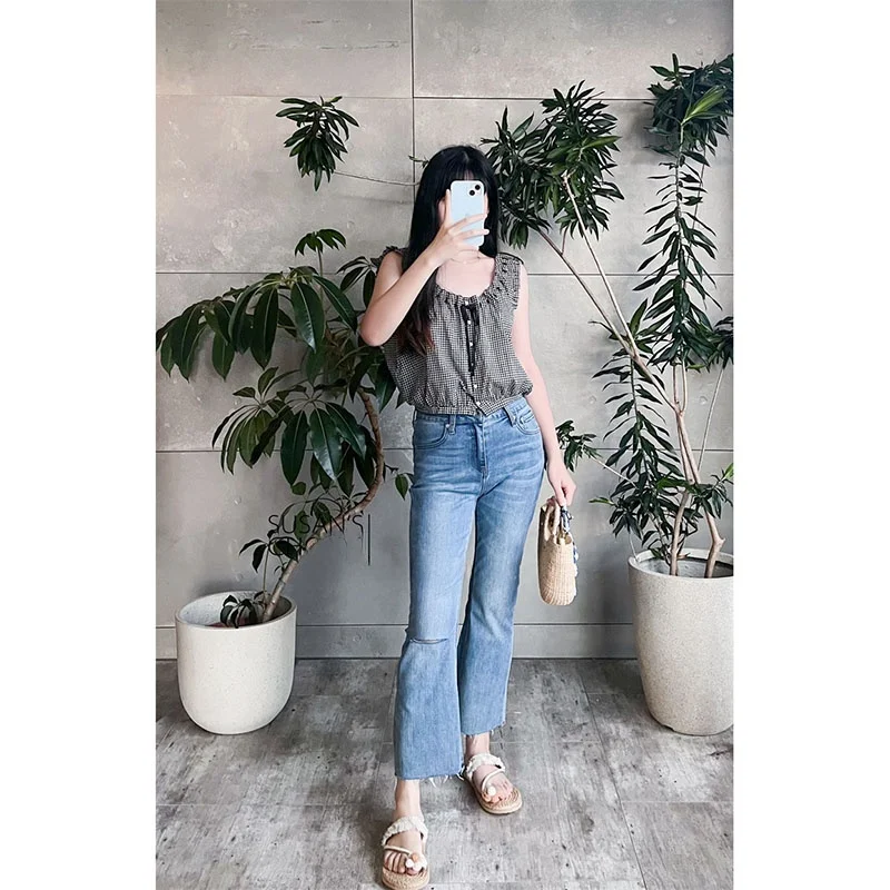 

Susan Pure Cotton Ретро клетчатый топ с поясом Svel ort Top Женская мода Весна Лето Повседневный универсальный черный белый цвет в клетку