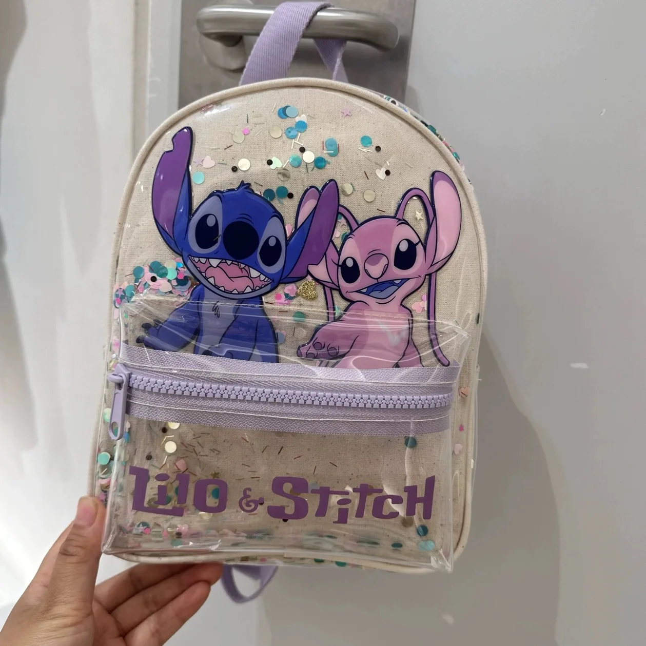 Disney Stitch Children Backpack Cute Cartoon Print Transparent Glitter Schoolbag Student Backpack for Girls Toys