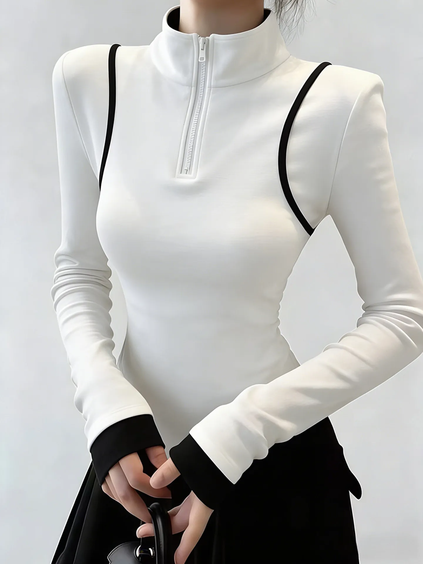

Белая приталенная футболка на молнии с высоким воротником, женская, весна 2026, дизайнерский топ в корейском стиле, с длинным рукавом