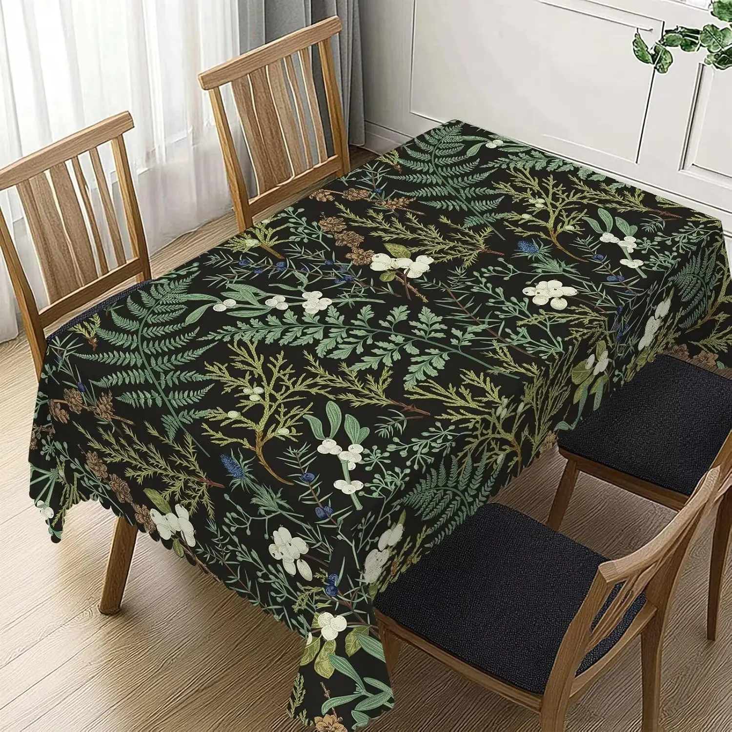 Fresh Spring Botanical Print Tablecloth Elegant Black Sage Green Floral Plant Table Cover for Kitchen Dining Party Decor