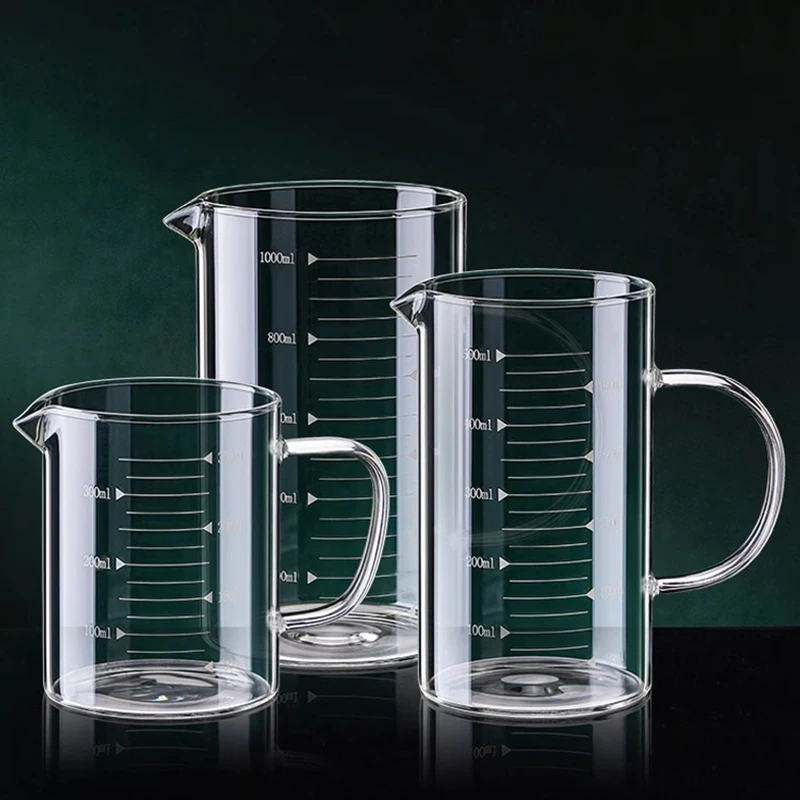 YWDL 1/2 Stück Glas-Messbecher mit Griff, hitzebeständiger Laborbecher, Küche, Milch, Kaffee, Messbecher, 250/350/500/1000 ml – Detail 4