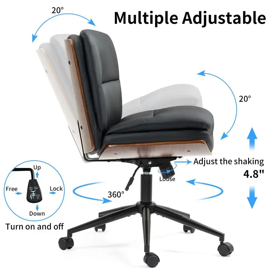 Modern Walnut Office Desk Chair with Wheels, PU Leather Adjustable Wide Swivel Task Chair, Ergonomic Cross Legged Computer Chair