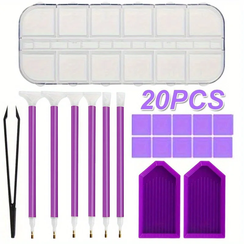 20pcs Diamond Painting Tools Set Kits, 12 Grids Storage Box, Tweezers Clay, Plastic Tray, DIY Craft Diamond Painting Accessories