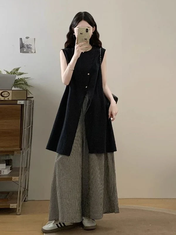 

Slimming Plaid Wide Leg Pants Asymmetrical Hem Top Women's Complete Set Two-Piece Suit Summer Fashion Casual Button-Up