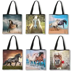 Elegant Horse Pattern Shopping Bags Women For Travel Handbags Canvas High-capacity Shoulder Bag Casual Totes Bags Gift