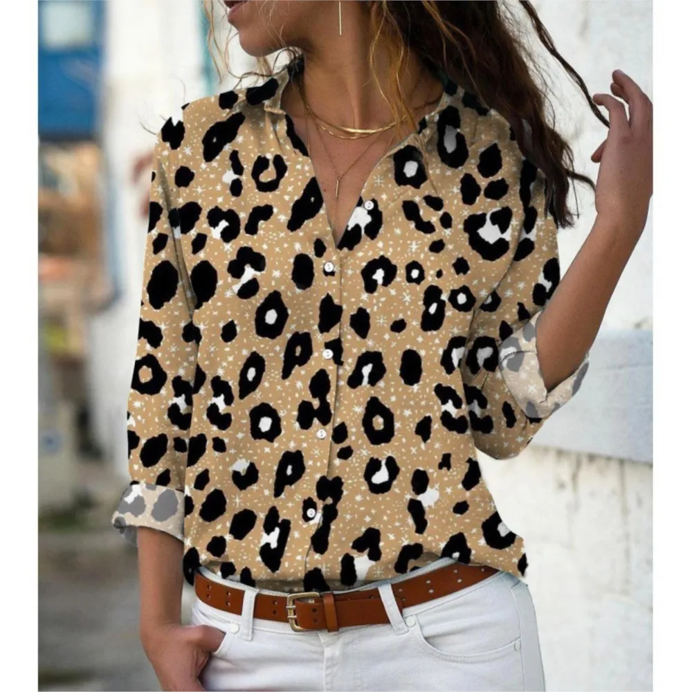 Casual Loose Lapel Blouse Tops 2024 Women's Autumn Printed Leopard Print Street Button Long Sleeved Shirt Chemise Chic Elegant