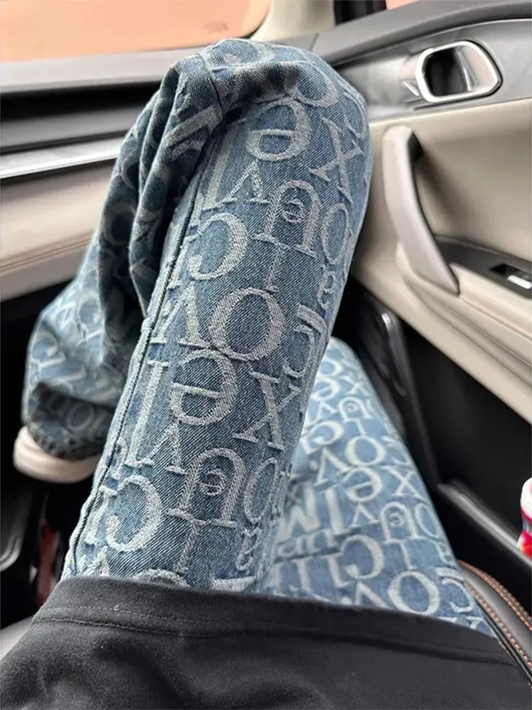 

Мужские джинсы American High Street Sle с вышитыми надписями, широкие брюки из смеси хлопка и полиэстера, летние дышащие свободные брюки