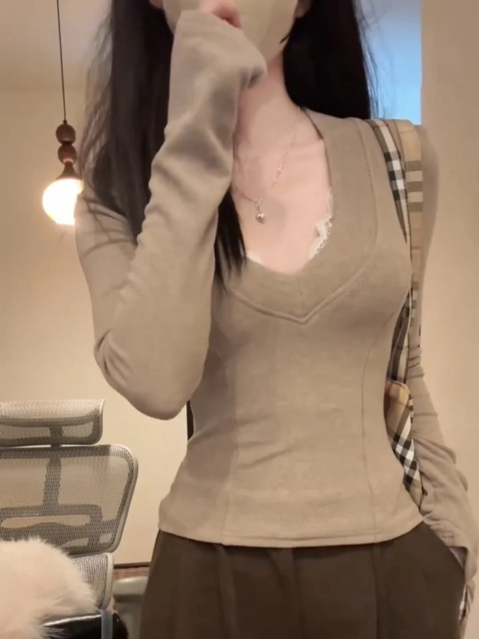 Retro American Elastic Long Sve Damen-T-Shirt für den Frühherbst, Pure Desire Fibone-Muster, schmale Passform, Innenbekleidung, Oberteil