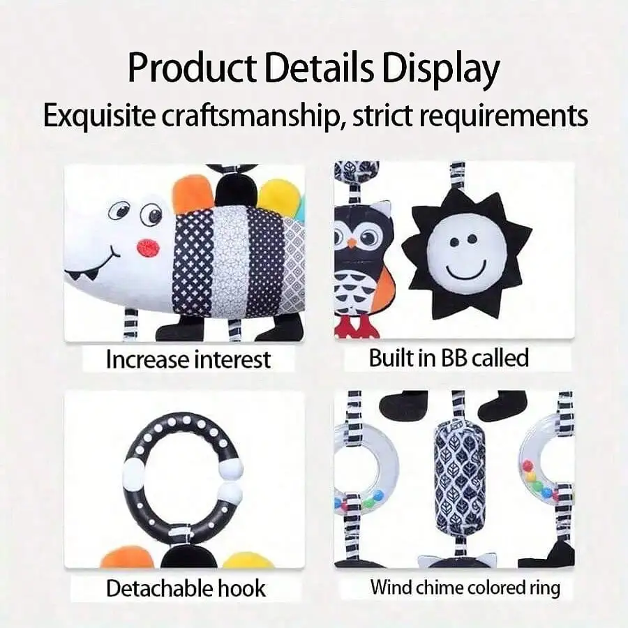ของเล่นแขวนรถเข็นเด็กและเบาะนั่งในรถยนต์, ของเล่นสัตว์สีดำและสีขาวที่มีความคมชัดสูง, ของเล่นเสริมพัฒนาการสำหรับเด็กแรกเกิด