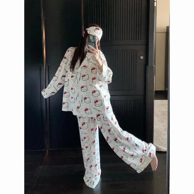

Hot Cute Kitten Pajamas Set Cartoon Women Long Sleeve Trousers Two-Piece Loose Female Home Clothing Student Girl Sleepwear Gift