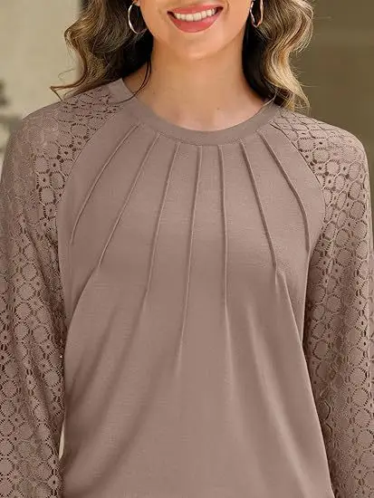 Women's Long Sleeve Lace Shirt Casual Knitted Top Autumn Fashion Comfortable Breathable Loose Fit Blouse for Ladies