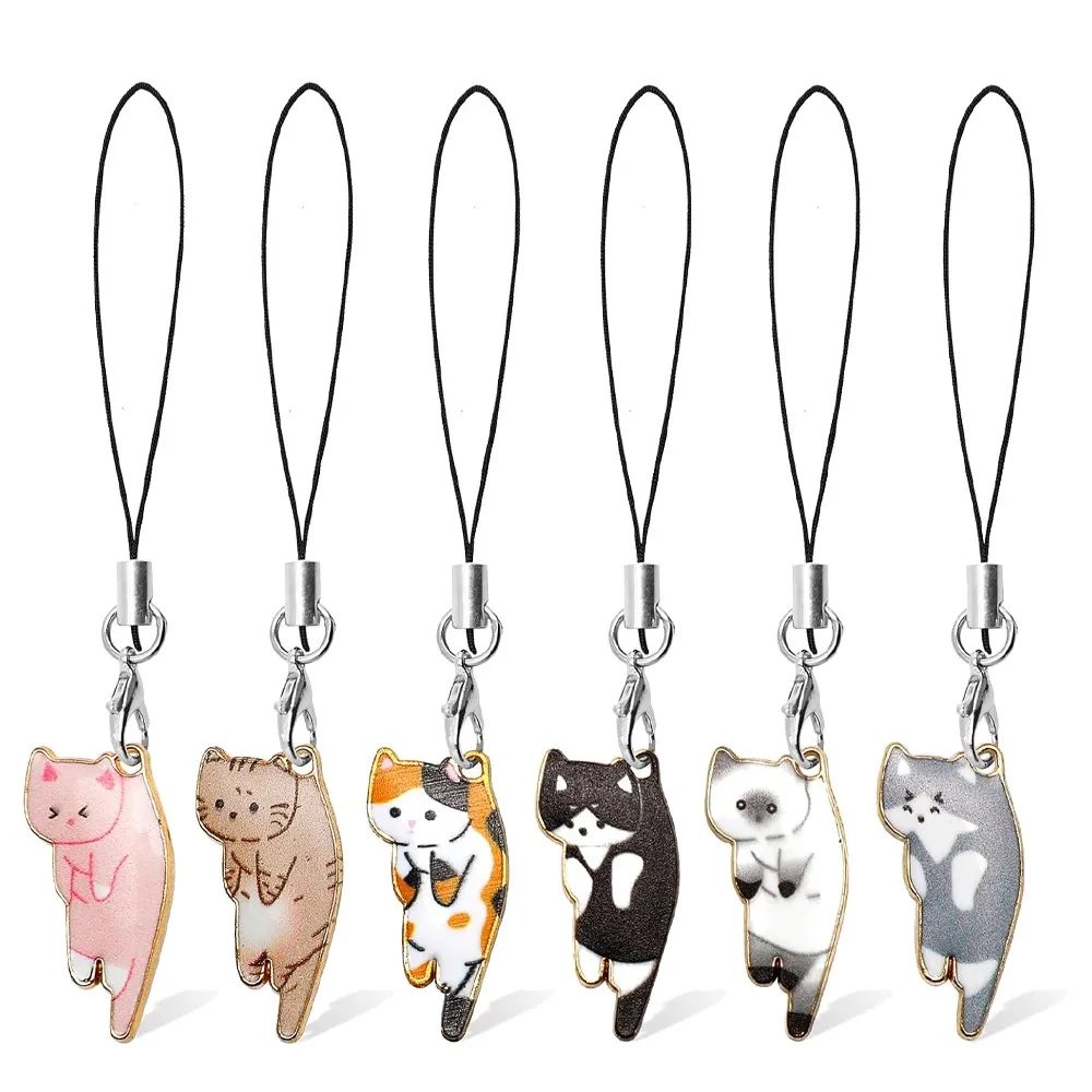 6Pieces Cat Charm for Mobile Phone, Kawaii Charms Strap, Cute Hanging Cat for Backpack, Wallet, Keychain Pendant