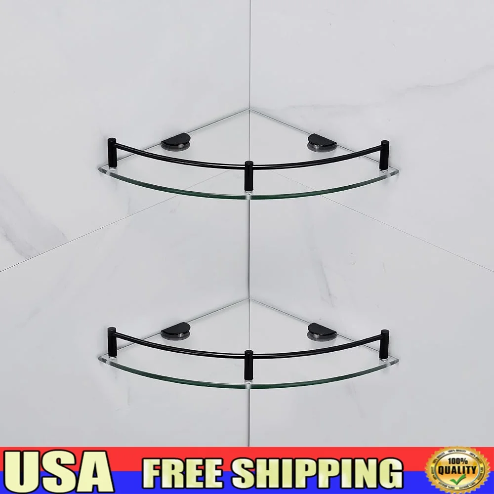 

Glass Shower Corner Shelves 2 Pack Floating Bathroom Storage with Rail Stainless Steel Wall Mount Holder Space Saving Rustproof