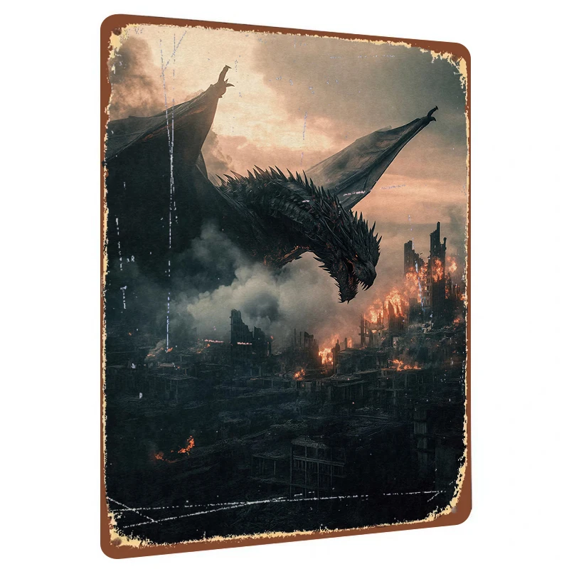Epic Dragon Over Burning City Metal Wall Art Decorative Iron Painting Home Decoration