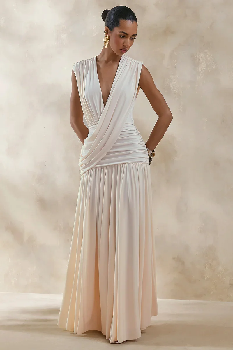Mozision Elegant Deep V Neck Sexy Maxi Dress Women Fashion Sleeveless Draped Ruched Waist Bodycon Club Party Long Dresses Female