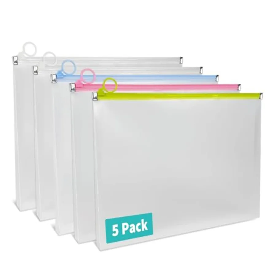 5 Pack Clear Plastic Zip Envelopes, Heavy Duty, 9 x Inch Expanding File Pouches, Multicolor Document Holders for Office and Sch