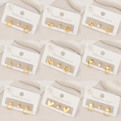 3Pcs/lot Multiple Mini Stainless Steel Earrings Women Geometric Heart Round Earings Triangle Ear Studs Punk Jewelry Wholesale