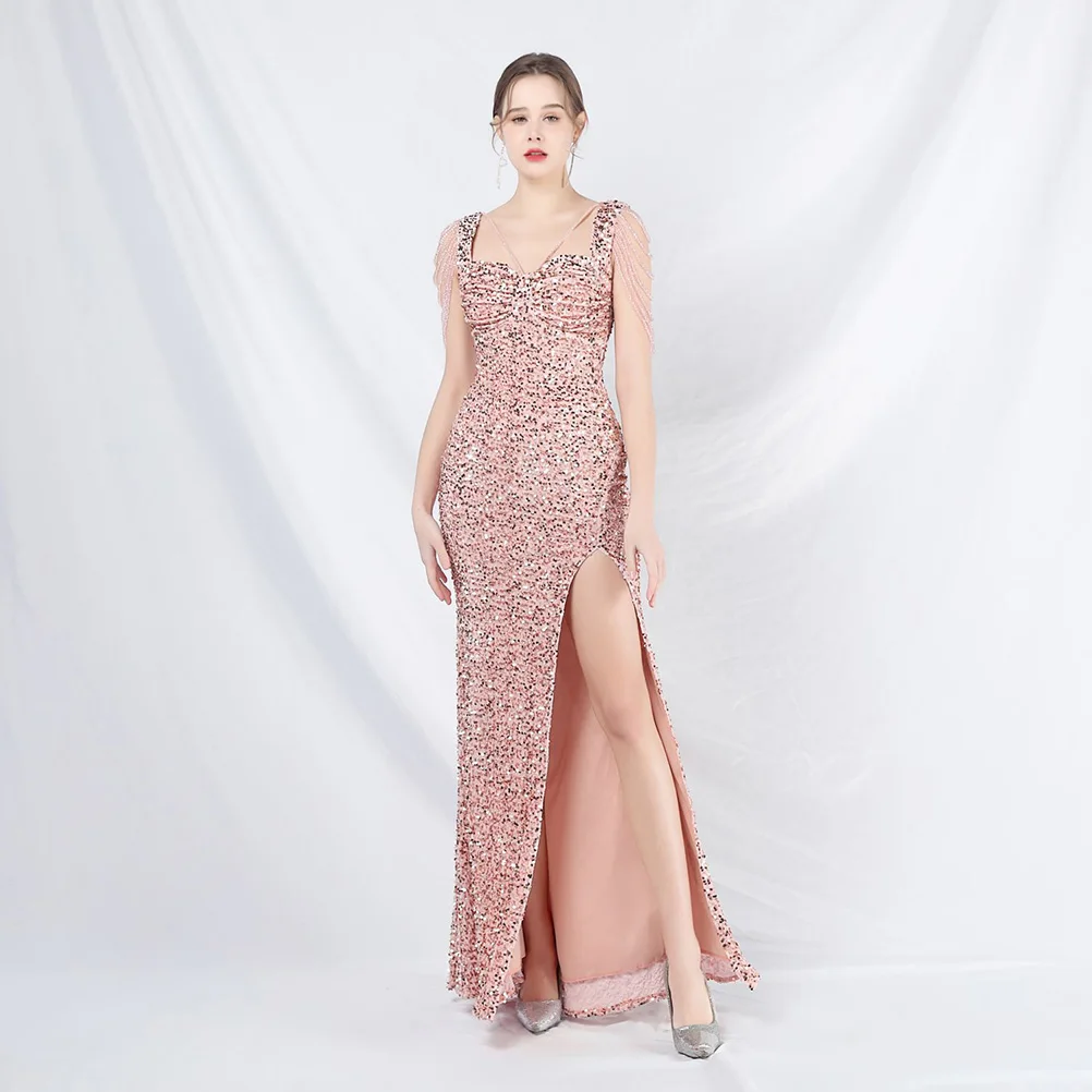 DEERVEADO sirena hendidura lentejuelas vestidos de noche con cuentas mujer fiesta de graduación Maxi vestido de Gala vestido Formal para ocasiones especiales