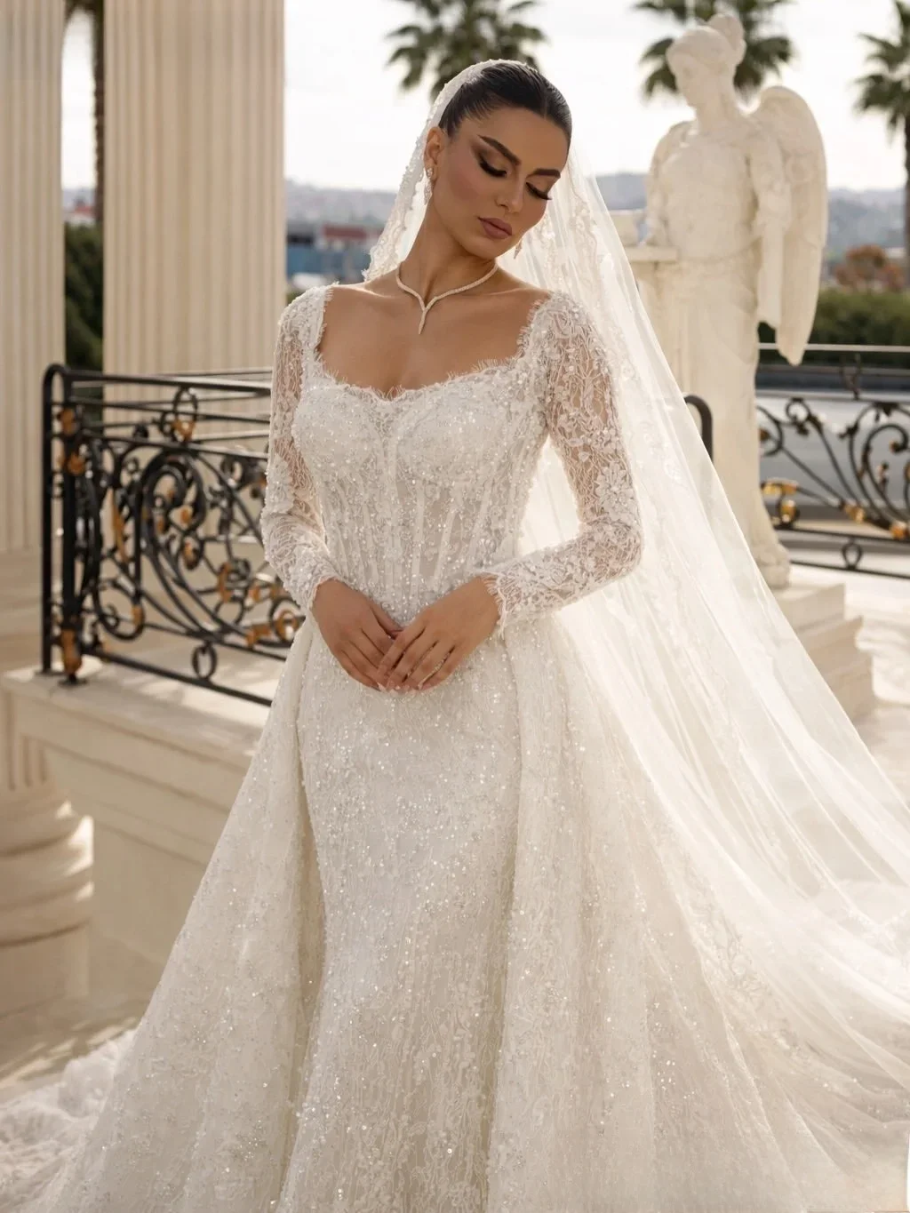 Customized Shinny Appliques Beads Sequins Wedding Dress with Removable Skirt  Robe De Mariée Plus Size Full Sleeves  Bridal Gown