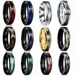 Fashion 8mm Men's Stainless Steel Celtic Dragon Ring Inlay Red Green Black Carbon Fiber Ring Wedding Band Charm Jewelry Gifts