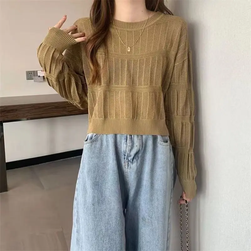 Fashion Hollow Smock Out Solid Color Knitting T-shirt Womne New Long Sleeve Loose O-collar Hong Kong Style All-match Top 2022