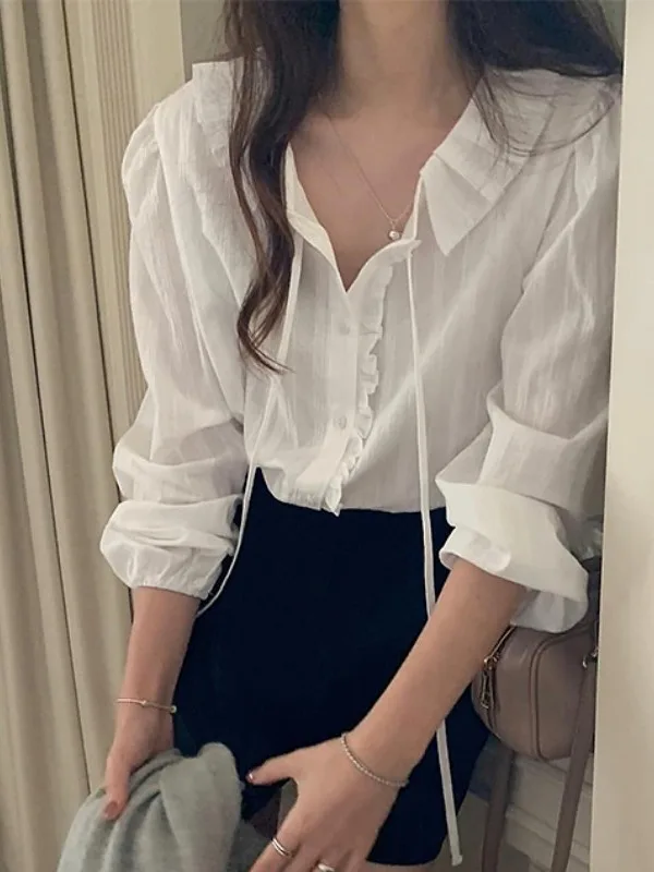 

Шикарная женская модная блузка для ранней весны с бантом, на одной пуговице, с рукавами-фонариками, свободного кроя, универсальная, в молодежном стиле