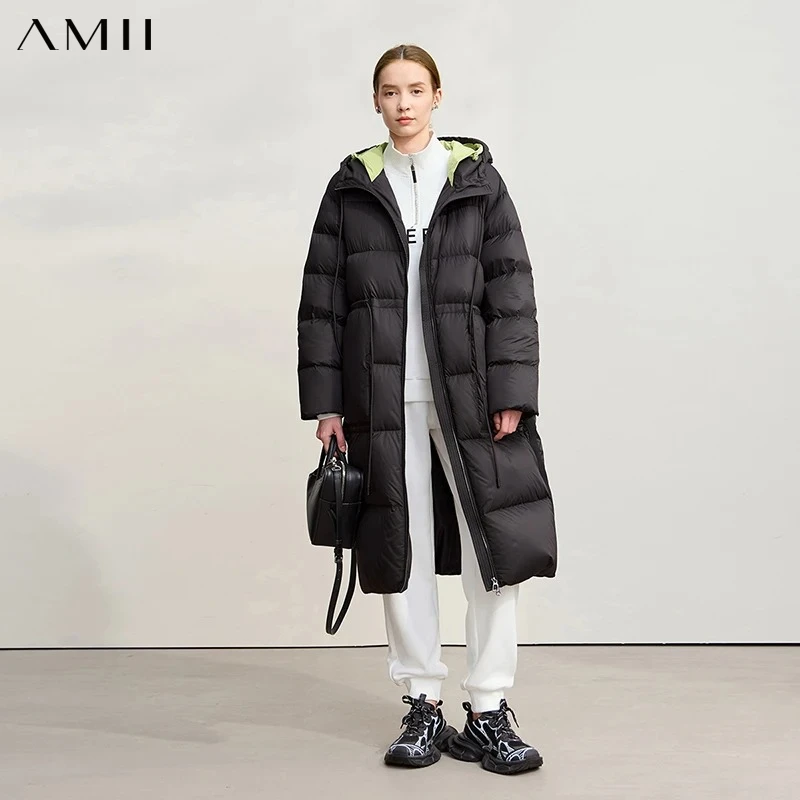 AMII Hooded Down Jacket 2026 Winter New Warm Zipper Long Sleeve 85% White Duck Down Coat Woman Loose Straight Long Coat 12524017