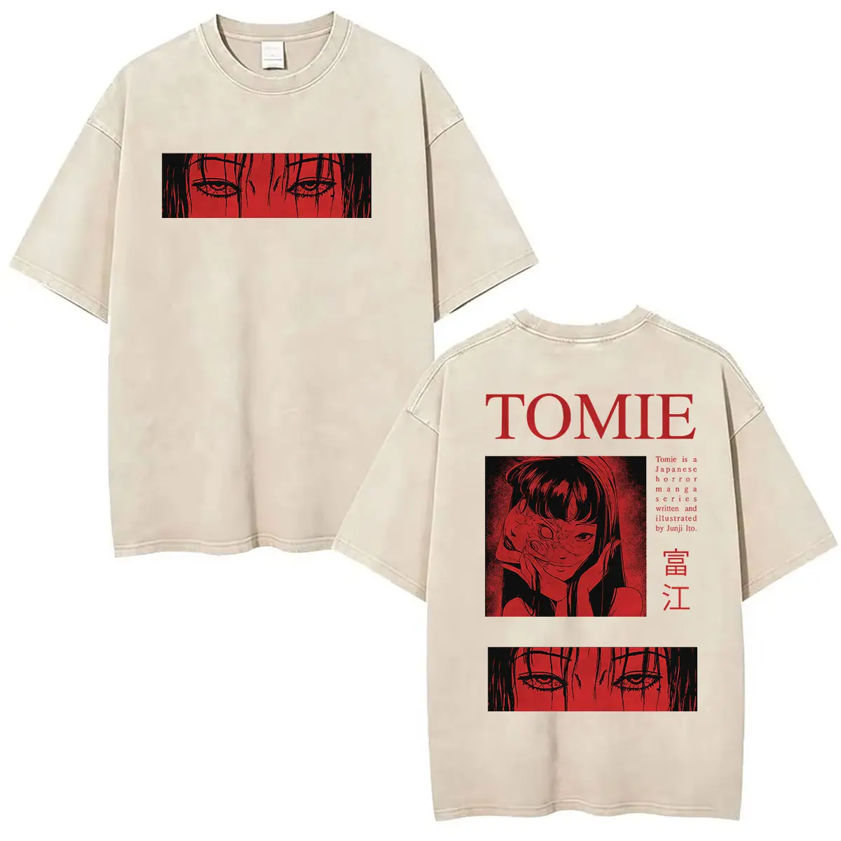 Japanese Anime Tomie Junji Ito Vintage Washed T Shirt Men Women Horror Manga Print Double Sided Short Sleeve T-shirts Streetwear
