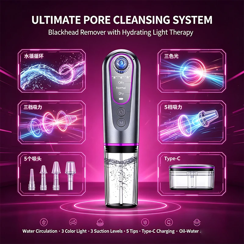 Removedor de cravos com vácuo elétrico, separação de água e resíduos, limpador facial com microbolhas para o nariz, acne, espinhas, limpeza profunda