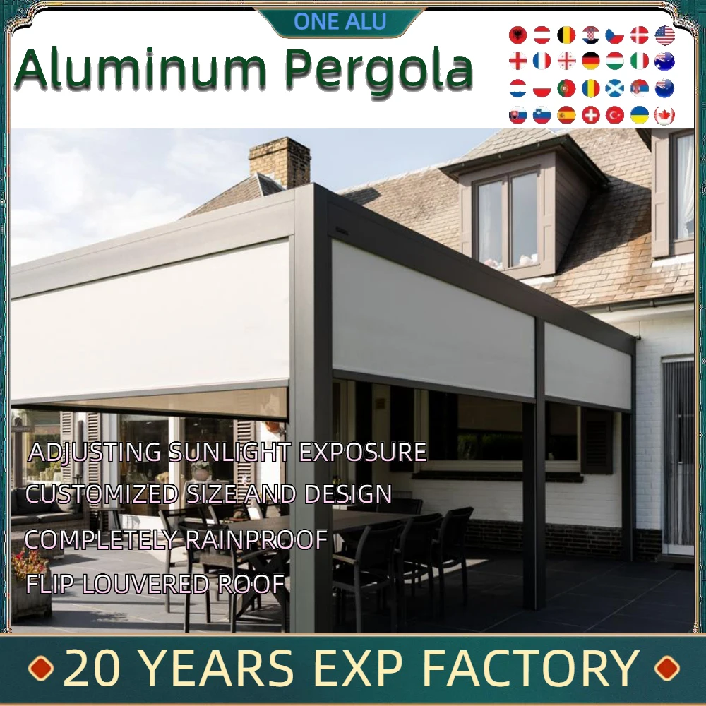 Aluminum Pergola 6x3m customized size aluminum alloy rain protection  With Motorized Screen Set Louvered  Outdoor Beach Swim