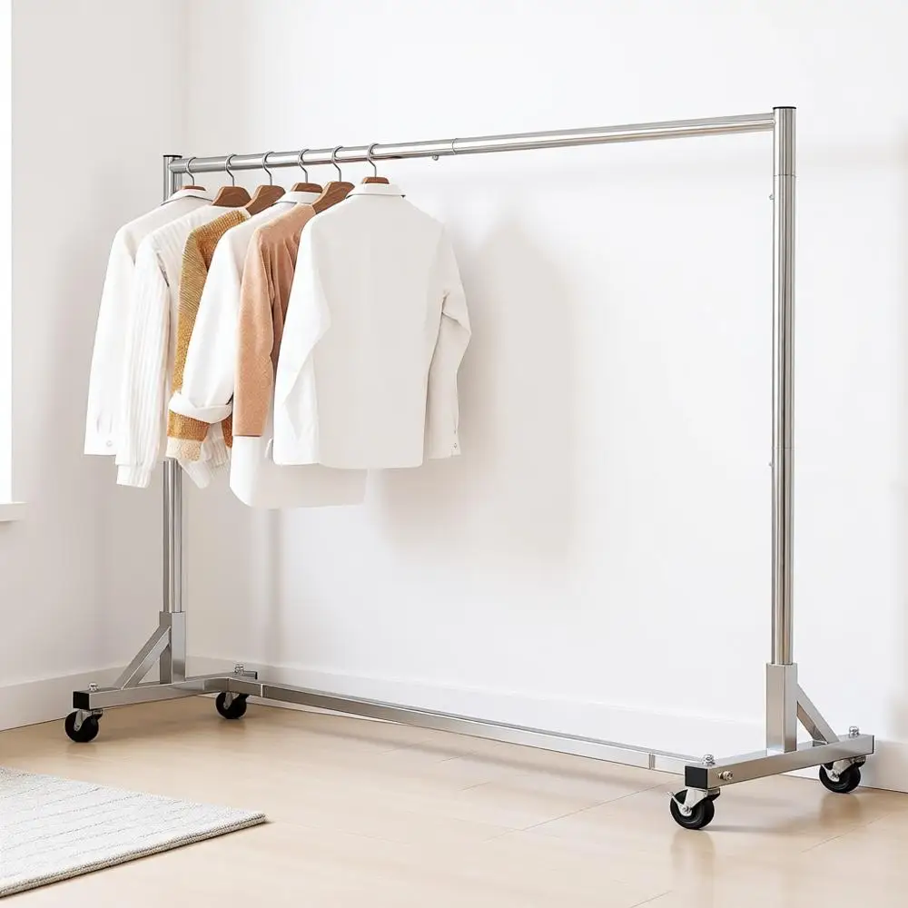Industrial Grade Z Base 70in Extra Long Heavy Duty Rolling Clothing Rack, 450lb Load with Wheels, Chrome