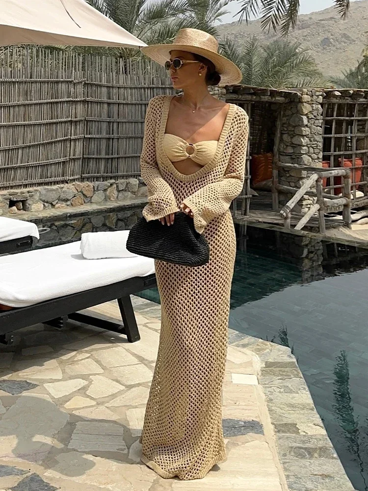 Sexy U-neck Bell Sleeve Knit Maxi Dress Summer 2024 Women Swimwear Feminine Bikinis Cover-ups Holiday Crochet Beach Outfit K21