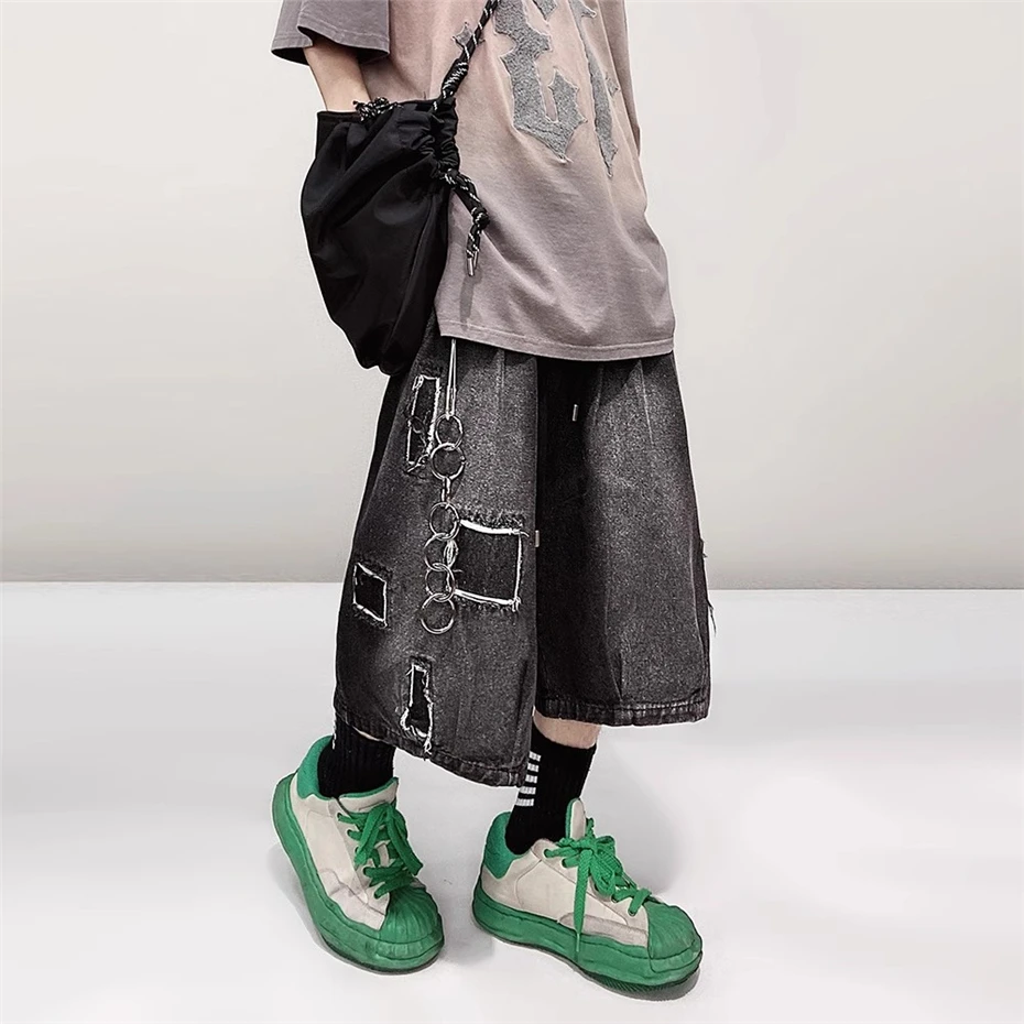 Patch Denim Shorts Mens Streetwear Hip Hop Knee Length Pants Harajuku Vintage Baggy Casual Wide-leg Jeans Short Male