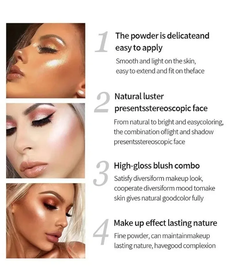 4-kleuren Rose Highlighter Poederpalet Glitter Gezichtscontour Make-up Shimmer Verlichten Fleuren Hoge lichtcosmetica