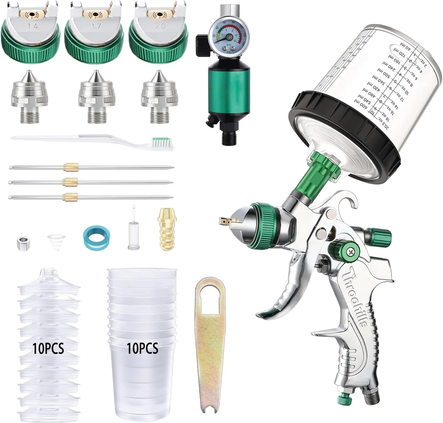 Throohills 2008 HVLP Spay Gun 1.4/1.7/2.0mm Nozzle Gravity Paint Gun For Car Painting Tool &10pcs 600ml Disposable Measuring Cup