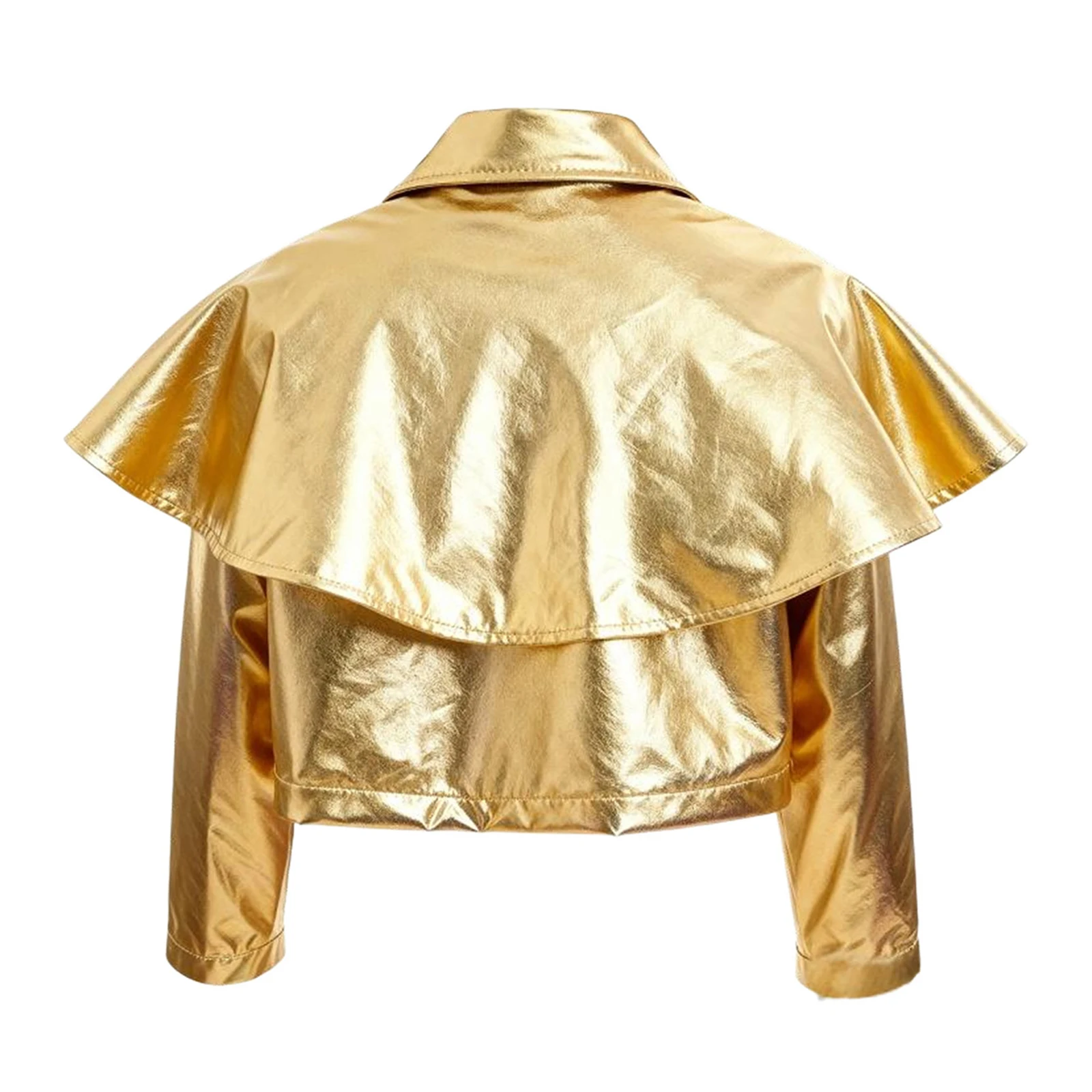 Kids Girl Metallic Gloss Bomber Jacket Front Press Buttons with Pockets Coat Tops Discos Hip-hop Jazz Dance Performance Costume