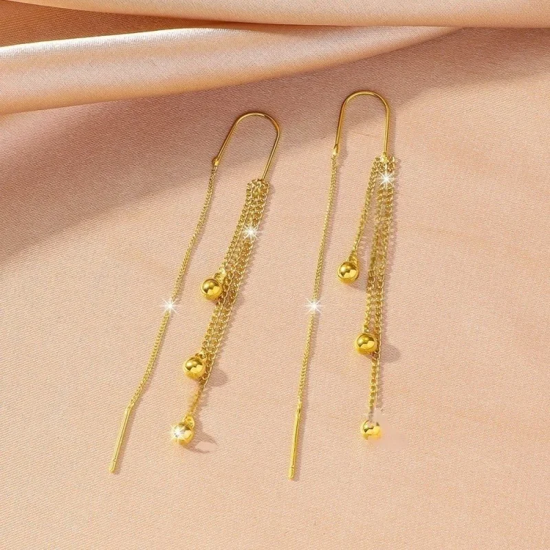 EVISPOL Exquisite Gold Color Long Tassel Drop Earrings for Women Stainless Steel Ball Dangle Earrings Trendy Piercing Jewelry