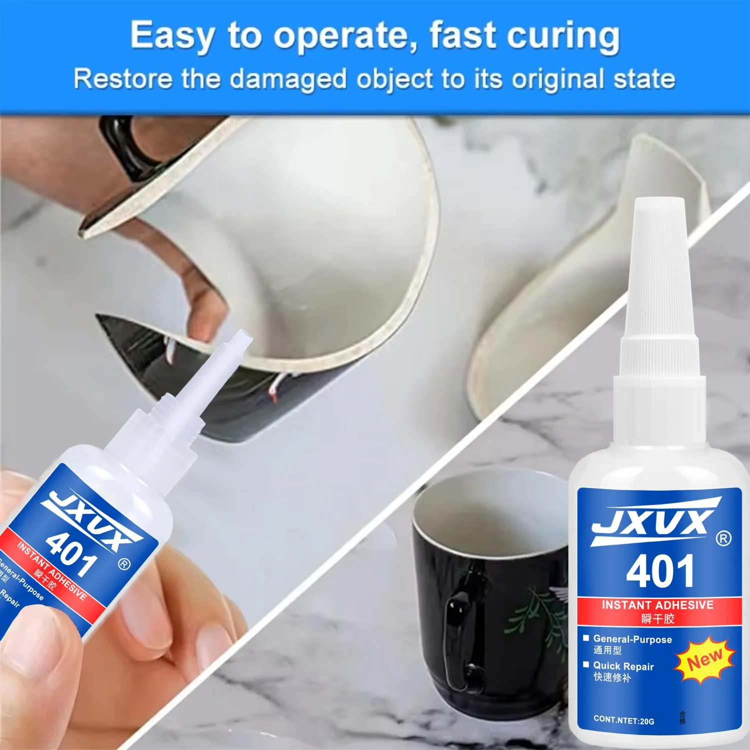 JXVX 401 Super Glue Plastic Professional Adhesive Transparent Cyanoacrylate Glue Fast Drying Odorless Long Lasting Bonding,6PCS.