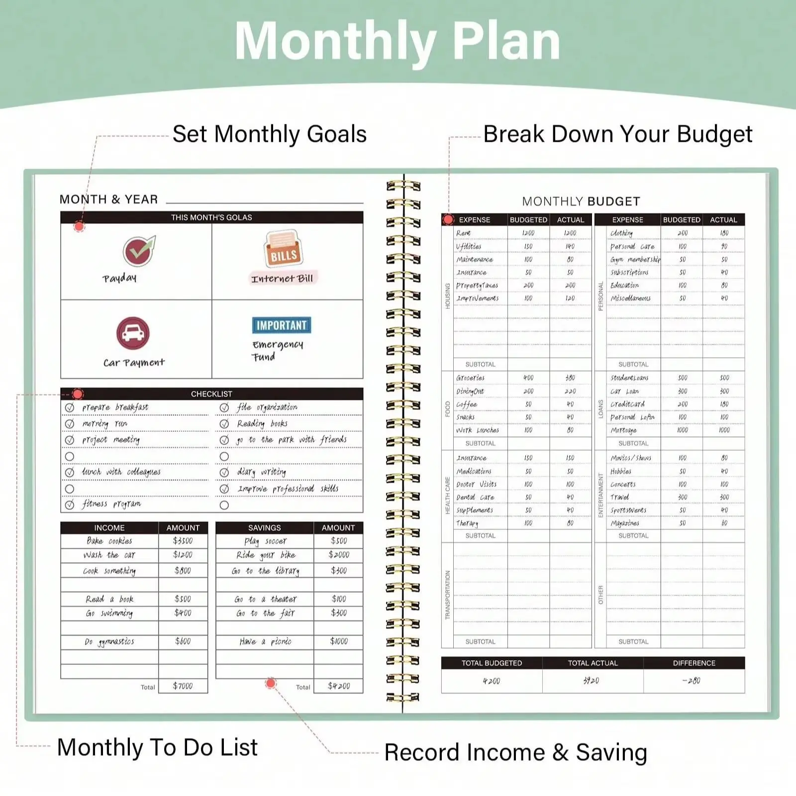 A5 Undated Monthly Budget Planner with Stickers, Spiral Finance Organizer Expense Tracker Notebook for Bills Savings Goals