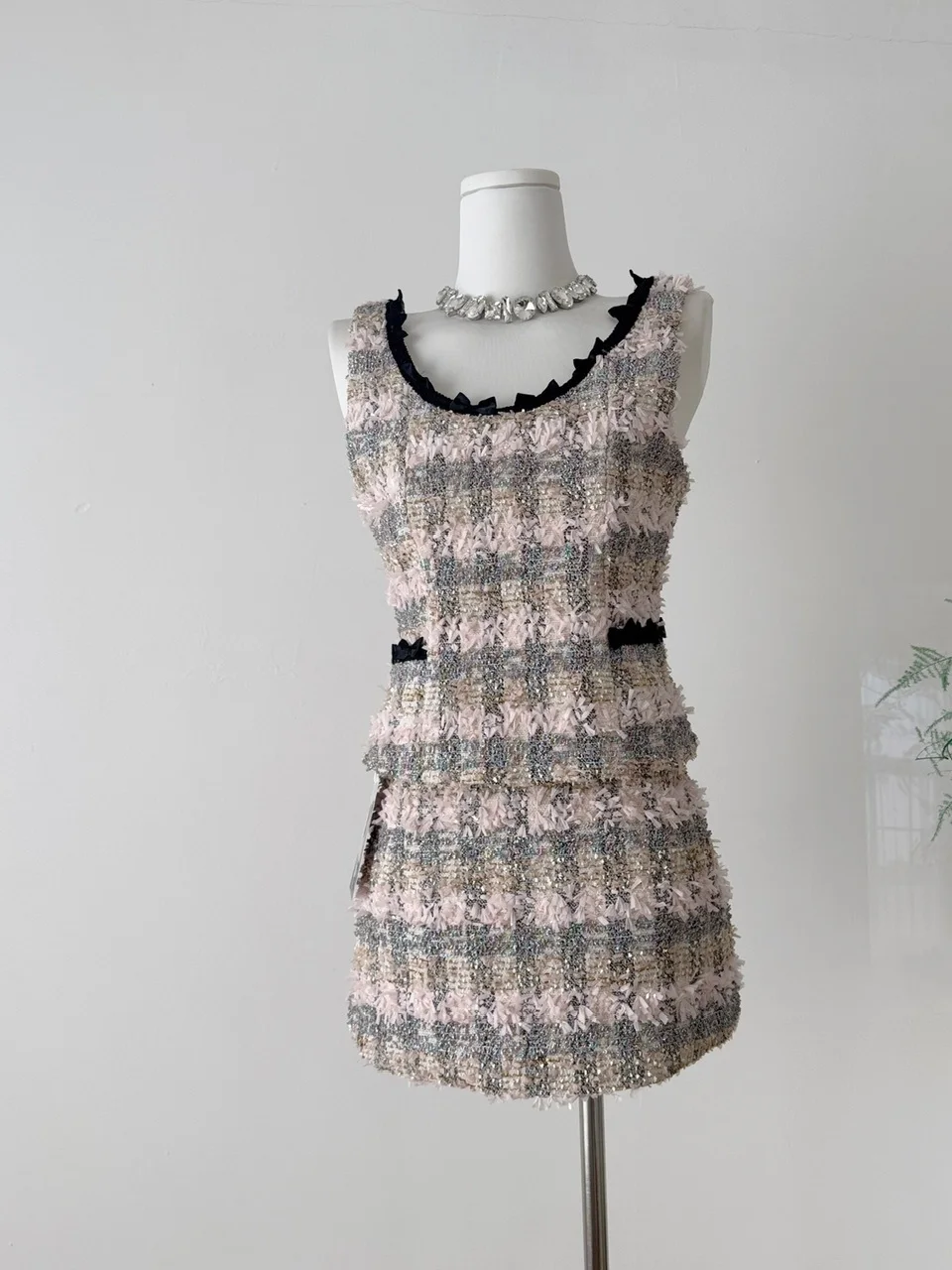 Atasan Tweed Ele Heavyweight Svel, Rok Bodycon Pinggang Tinggi, Pakaian Musim Gugur, Kerah Bulat, Penuh Pesona Vintage