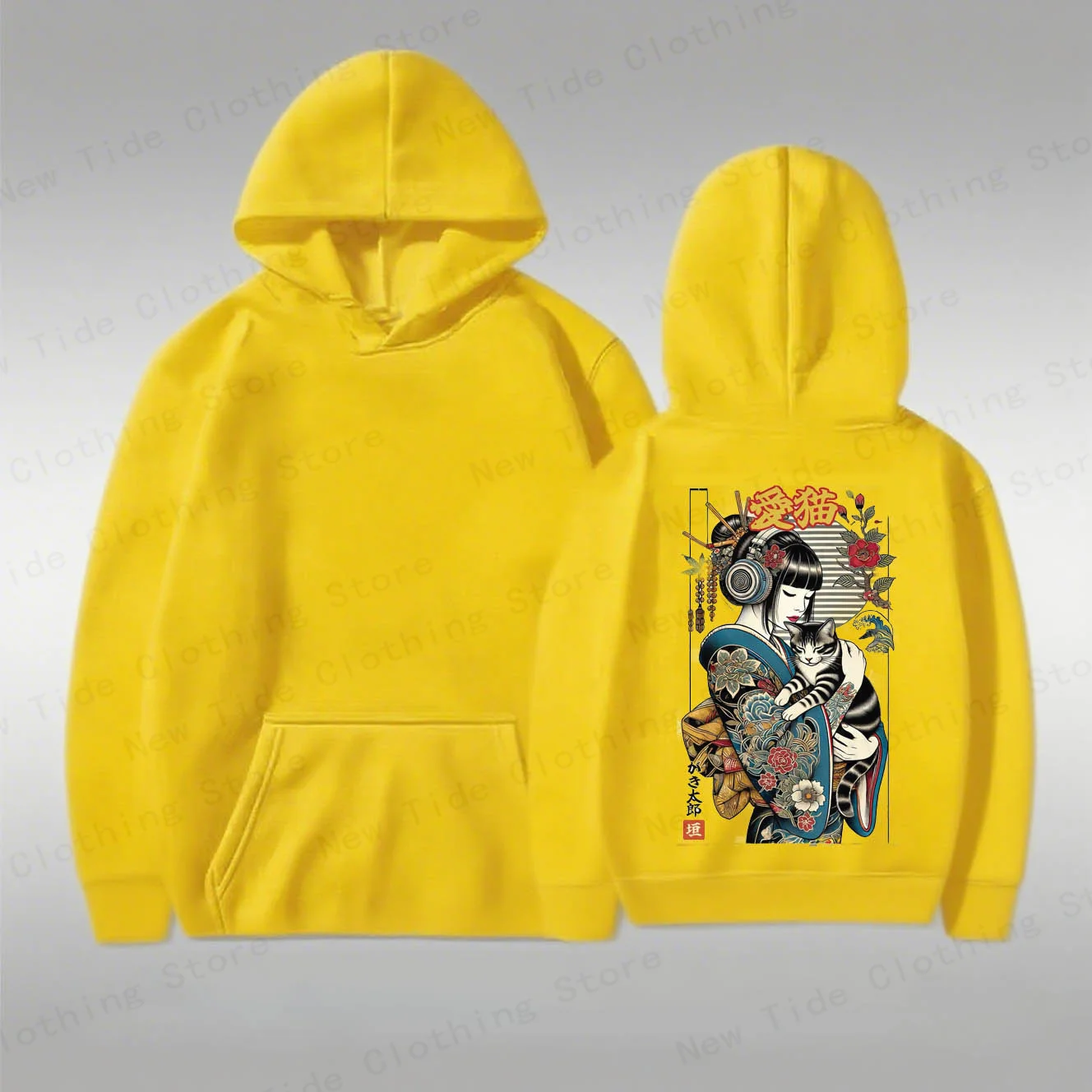 Men's Cotton Hoodie For Autumn Winter Boasting Unique Japanese Geisha And Cat Art For Standout Cold - Weather Wear
