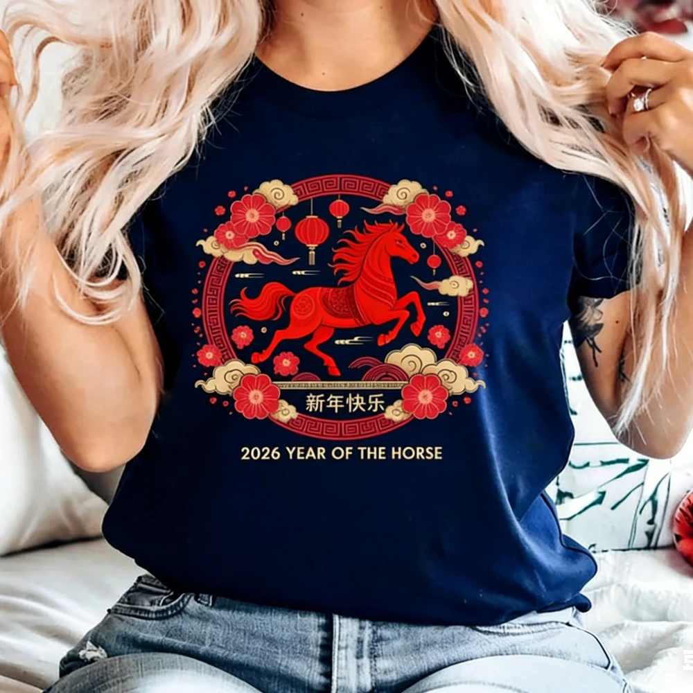 Cinese 2026 Cavallo Capodanno Camicia Zodiaco Cinese T-Shirt Cina Floreale Capodanno 2026 Tee Cavallo Anno Regalo Uomo Donna Casual Magliette e camicette